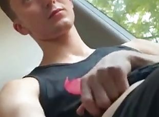 Teen jerks off on the bus and makes a huge load of cum on the front seat, tries to wash himself and eat the cum