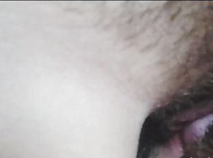 Up close eating big hairy pussy and sucking on her juicy pussy lips.