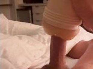 Hard hotel room wank with dirty fleshlight and cum on feet