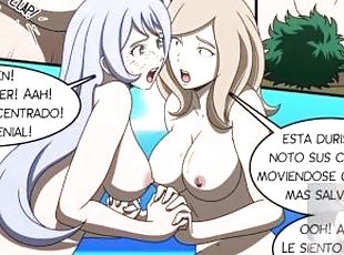 Deku folla con unas compañeras en la playa al aire libre