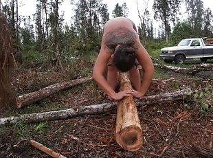 Beating off a log and rubbing it with my feet naked stretch in the rain of this wonderful world