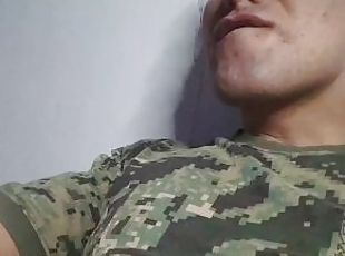exército, asiático, grande, masturbação, ejaculação, uniforme, militar