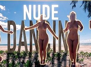 nudist, väljas, avalik, naine, amatöör, rannas, tantsimine, ekshibitsionism