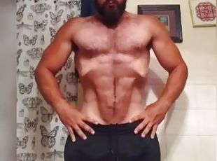 Hot Straight Ripped Almost Shredded Bodybuilder Nude Flexing and Jerking Off in Bathroom