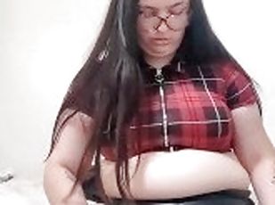 Chubby piggy tries on leather skirt (feederism)