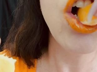 ASMR Sensually Eating Orange Fruit Mouth Close Up by Pretty MILF Jemma Luv