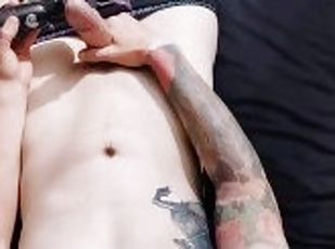 Hot tattooed guy playing with vibrator moaning and cumming hard