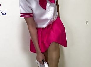 SisK try on shocking pink seifuku and white panties