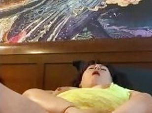 Tattooed mixed Asian Bbw, sucks own nipples her fat pussy cums on large dildo
