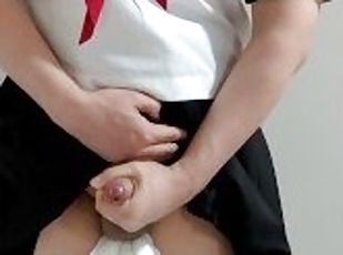 Crossdresser Wearing Sailor Fuku (Japanese Uniform) and a pull-up nappy, then Jerking off ?? ???????