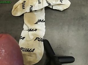 Cumshot on worn white Puma Socks