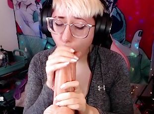 Choking down huge dildo gagging on cock