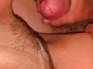 Listless babe gets cum on her hairy vagina