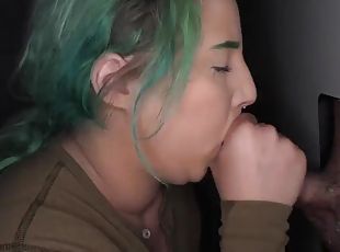 Green haired plumper showing off her cock sucking skills