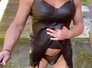 Amateur crossdresser Kellycd2022 sexy milf peeing in panties and masturbating in stockings and heels outdoors sissy