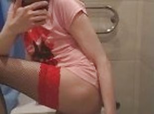 Sissy mirror dildo in bathroom