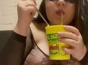 Eating noodles in sexy lingerie