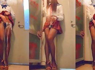 Chinese ladyboy uses her legs to make stocking milk tea in the office corridor