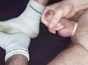 Hairy married man wanking in red jock strap with dirty white socks
