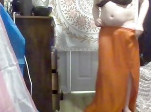 Awkward trans girlfriend striptease in long orange skirt to full nude - Imposter syndrome