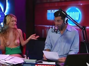 Topless blonde girl does radio interview