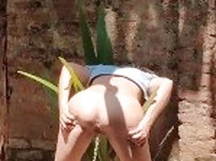 Spread gaping pussy for pissing in  Public Tropical Nature {almost caught}
