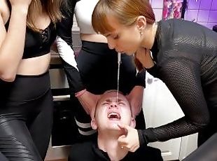Many Rude Girls Spit In Slave's Mouth And Verbally Humiliate Him - Mouth Spitting Femdom