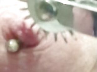 Painful nipple torture needle pricking pinwheel on pierced tits