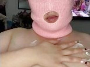 No Face BBW Rubs Lotion All Over Her DDs and Shakes Them In Your Face