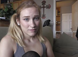 Blonde amateur filmed when trying stepdad's cock for the first time