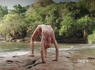 Redhead Slim Teen Doing Yoga Exercises Outside!