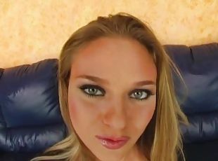 Tanned blonde gets her asshole fucked on sofa