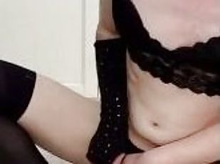 18yo xanny tranny in black lingerie rides dildo in the floor