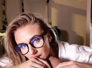 Horny sexy student with glasses gives great blowjob